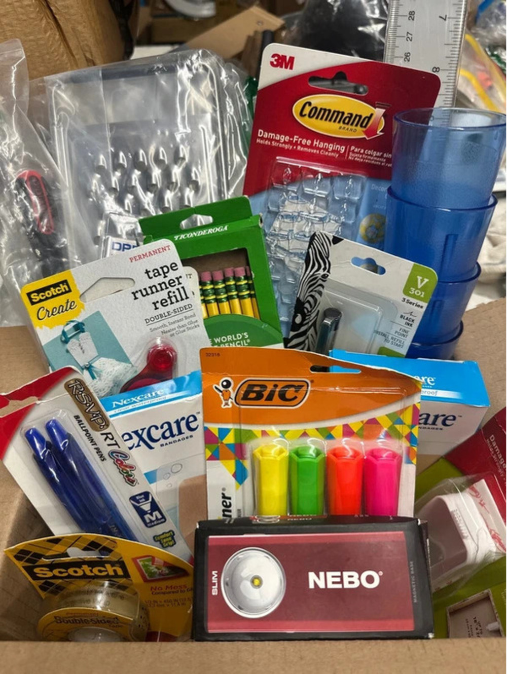 Office Household clean out new bic command 3M scotch cups pens flashlight